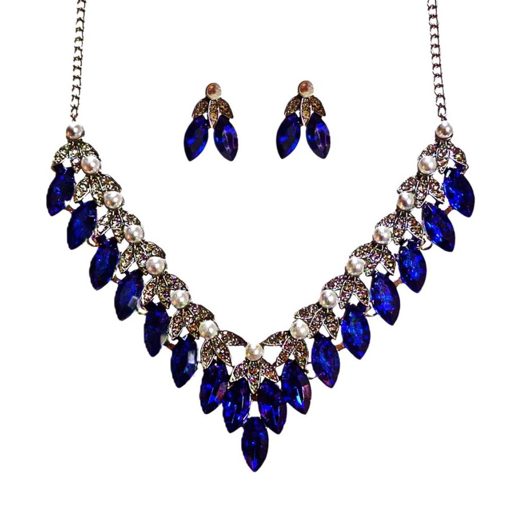 Crystal Pearl Necklace Set Women Blue Marquise Statement Bib Neck Earrings New